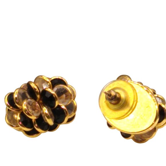 Vintage Monet Bezel Set Crystal Cluster Earrings, Black and White in Gold Tone - Picture 4 of 4